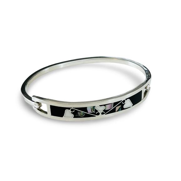Mexico Jewelry - Mexico Inlay Cuff Hinged Bracelet 925 Sterling Silver Black & Pearl Size 6.5”